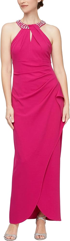 S.L. Fashions Women's Long Cocktail Dress with Embellished Halter Neckline, Wedding Guest, Party (Petite and Regular Sizes)