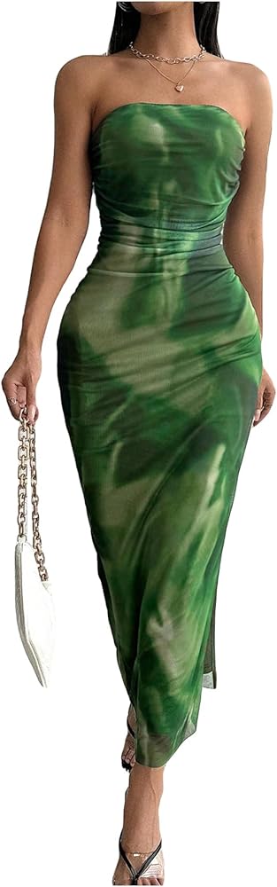 Milumia Women's Summer Tie Dye Strapeless Tube Dress Ruched Bodycon Maxi Dress