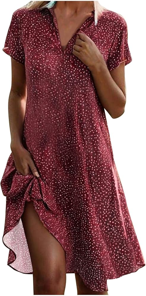 Polka Dot Dress for Women Boho Flowy Wrinkless Casual Dresses Vacation Tunic Ruffle Knee Length Sundresses Summer 2024