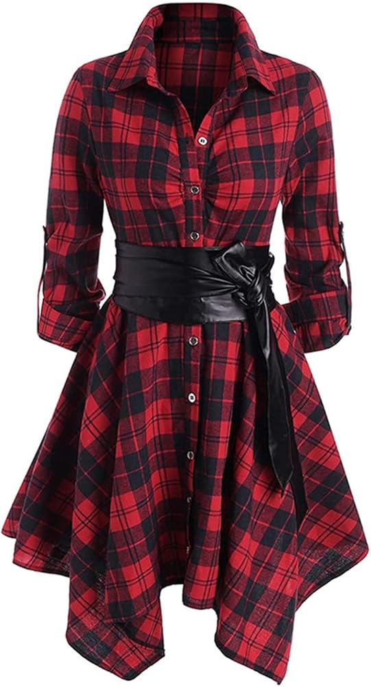 chouyatou Women's Roll-Up Sleeve Removable Belt Handkerchief Hem Midi Plaid Shirt Dress