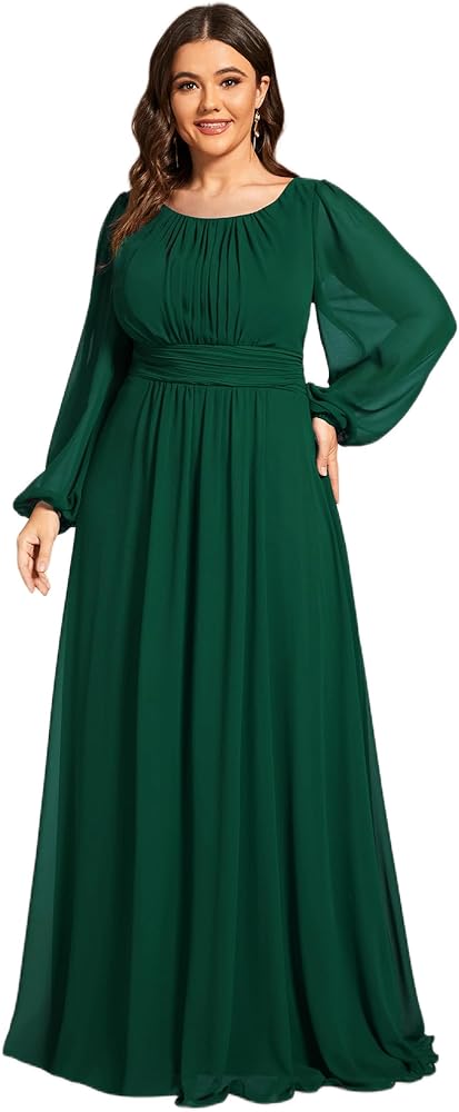 Ever-Pretty Women's Round Neck Long Lantern Sleeves Chiffon Pleated Long Evening Gown Plus Size Formal Dress 0106B-DA