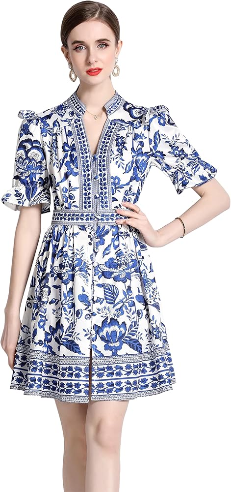 LAI MENG FIVE CATS Women's Button Up Short Puff Sleeve V-Neck Floral Print Split Casual Mini Dress