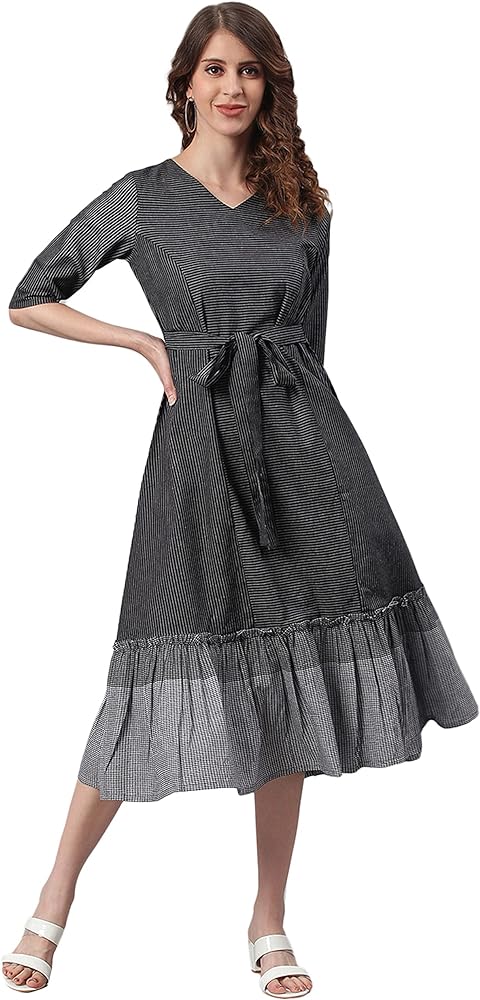 Janasya Indian Women's Black Striped Cotton Western Tie-Up Dress for Women