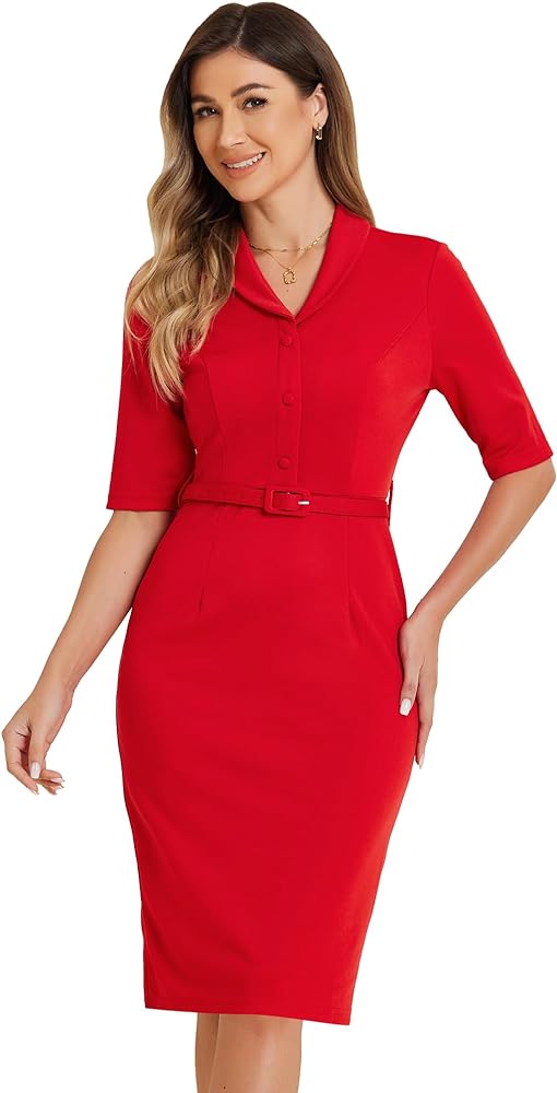 Allegra K Business Casual Dress for Women's Shawl Collar Half Sleeve Sheath Dress