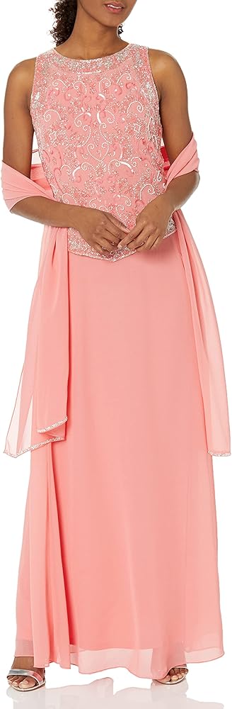 J Kara Women's Long Beaded V Trim Detail Gown with Scarf