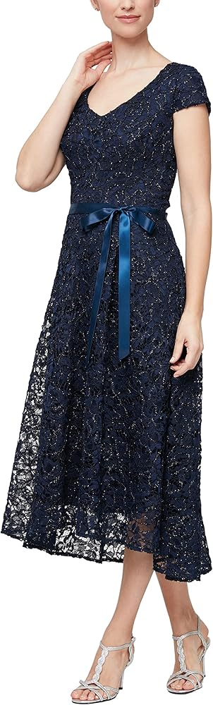 Alex Evenings Women's A-line Stretch Embroidered Dress with Tie Belt