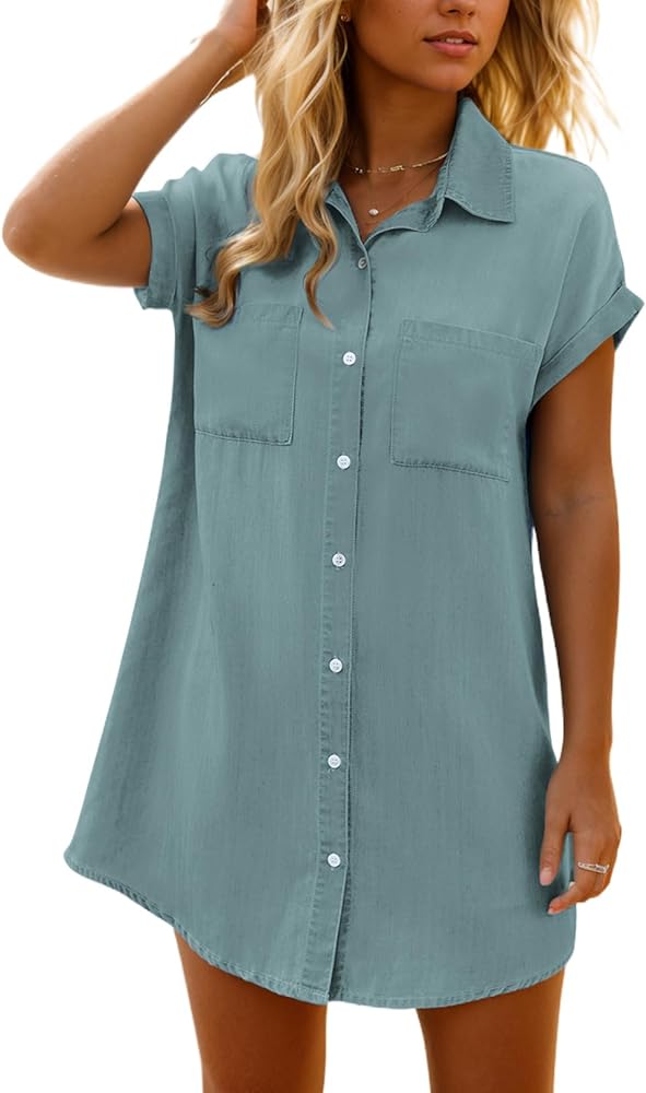 Women's Summer Short Sleeve Button Down Denim Shirt Dress Distressed Jean Dresses Chambray Dress