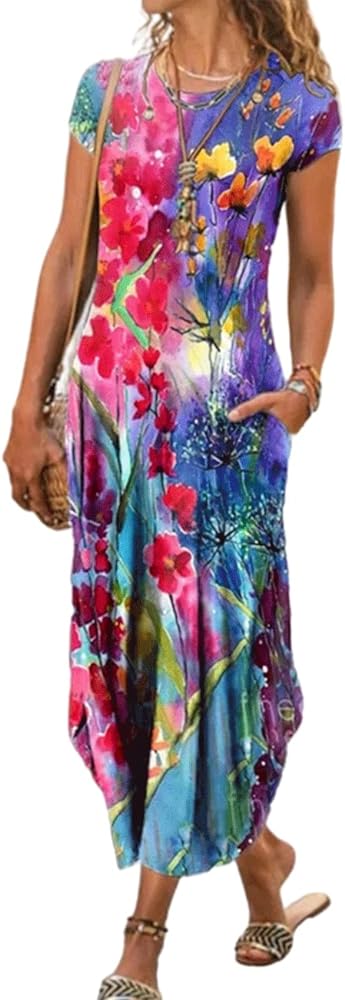 Women Summer Casual Maxi Dress Floral Printed Loose Pockets Short Sleeve Split Boho Dresses