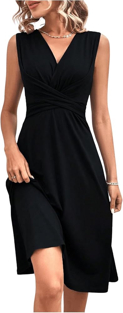 SOLY HUX Women's Summer Dresses Casual Sleeveless V Neck Flowy Wrap Dresses Tank Midi Sun Dress