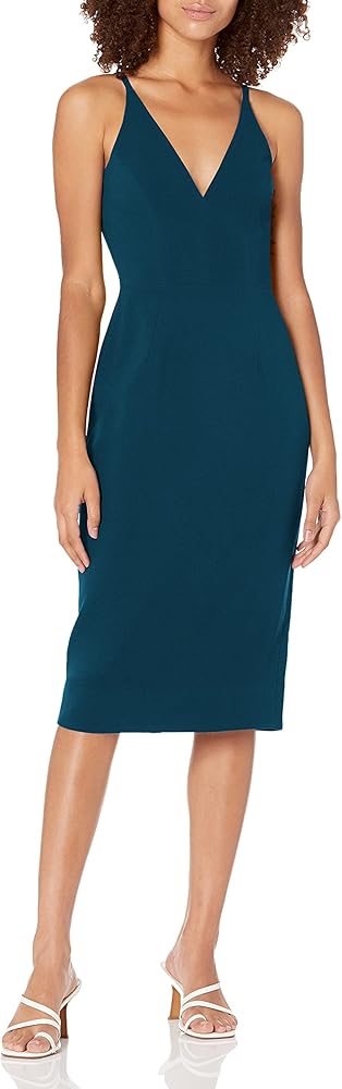 Dress the Population Women's Lyla Plunging Sleeveless Fitted Midi Sheath Dress