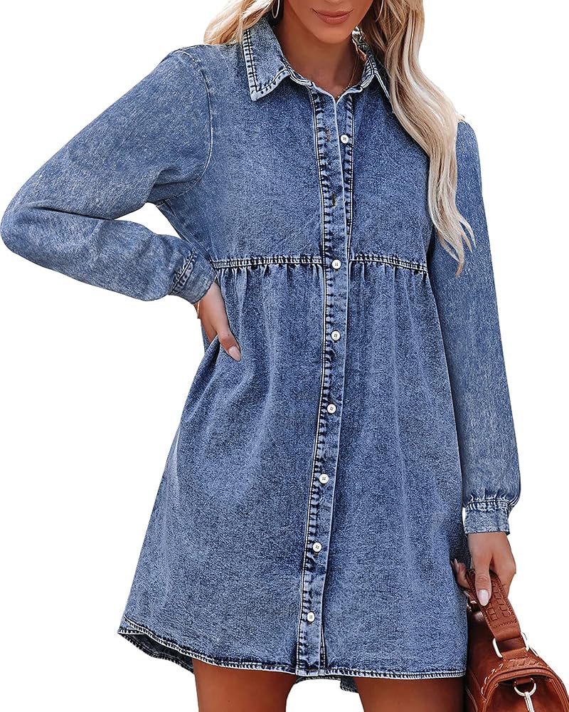 luvamia Denim Dress for Women Babydoll Flowy Cute Jean Shirt Dresses Long Sleeves