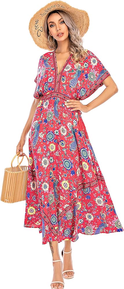 R.Vivimos Women Summer Print Deep V Neck Cotton Beach Long Dresses