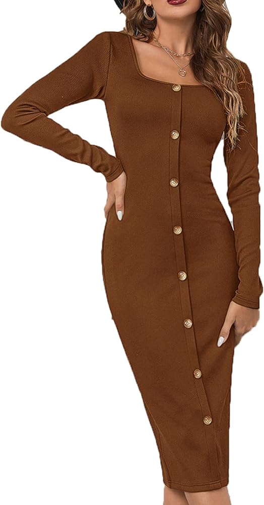 Verdusa Women's Button Front Square Neck Long Sleeve Short Pencil Bodycon Dress