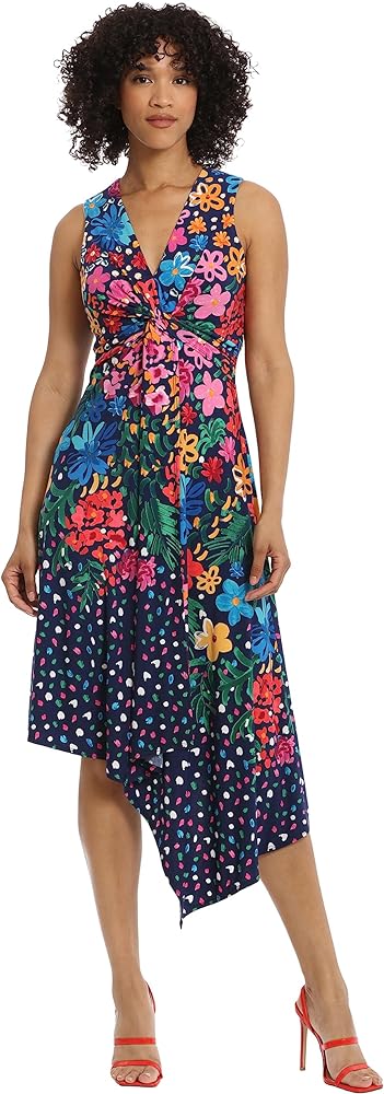 Maggy London Women's Sleeveless Twist Waist Dress with Asymmetrical Hem Event Party Occasion Shower Guest of