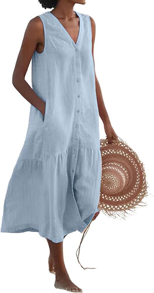 chouyatou Women's Summer Sleeveless Button Down Linen Tank Dress Loose A-Line Tiered Tunic Beach Dress