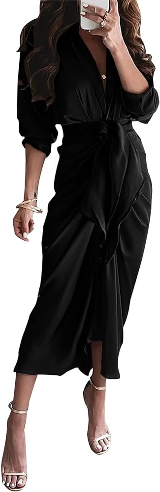 BTFBM Women Long Sleeve Satin Dress 2024 Spring Summer Lapel V Neck Button Down Belted Elegant Ruched Maxi Shirt Dresses