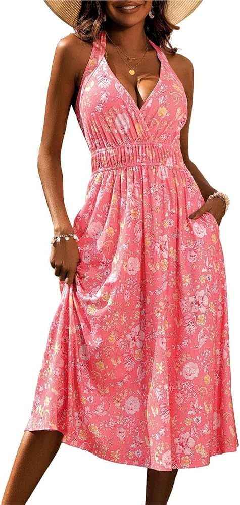 Loemes Halter Midi Sun Dresses for Women 2024 Floral Summer Sundress with Pocket