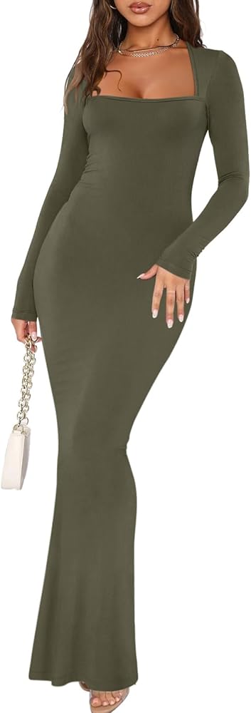 REORIA Women's Basic Sexy Square Neck Long Sleeve Bodycon Maxi Dress Casual Ribbed Soft Lounge Dresses