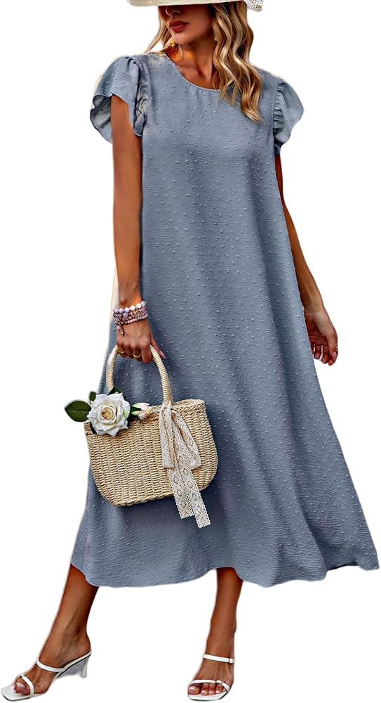 Women's 2024 Summer Midi Dress with Pocket,Swiss Dot Short Sleeve Boho Dress,Tie Waist Crew Neck Flowy Long Dress