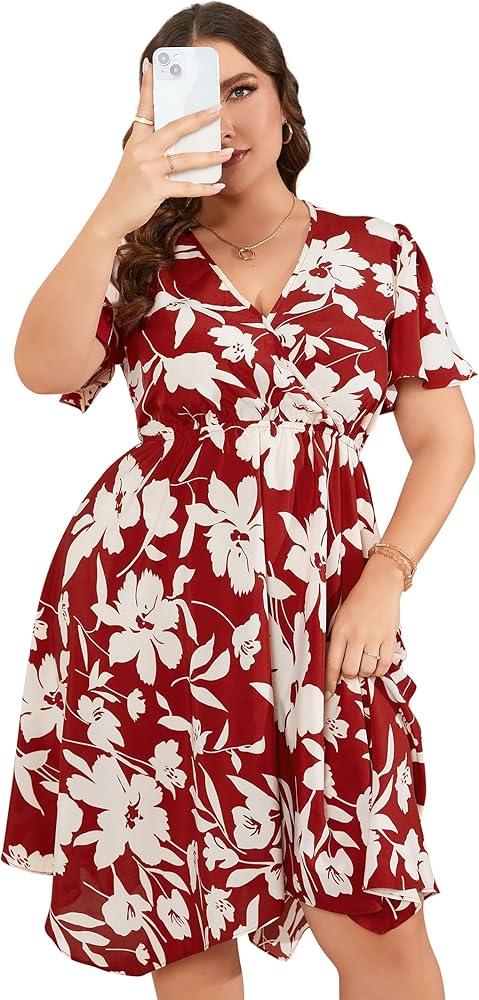 Women Plus Size Wrap V Neck Midi Dress Short Sleeves High Waist Irregular Hem Summer Casual Dress