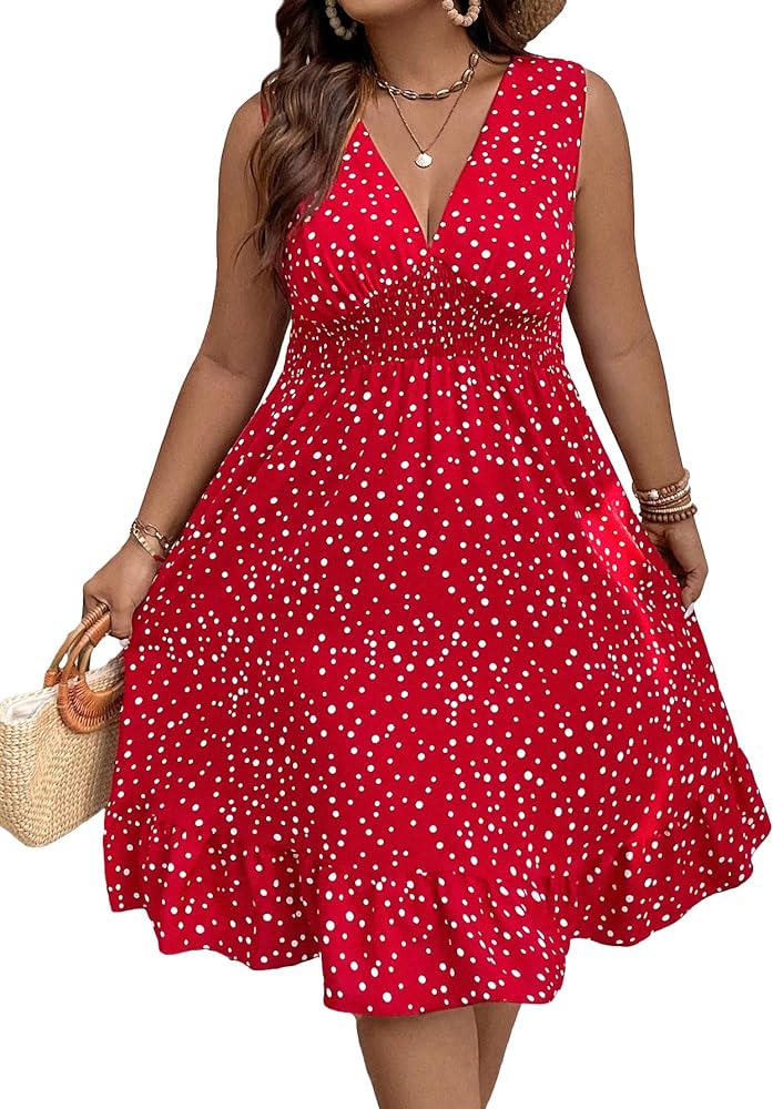 Floerns Women's Plus Size Polka Dots Ruffle Hem Shirred Sleeveless V Neck A Line Midi Dress