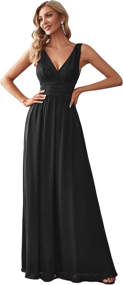 Ever-Pretty Women's Double V-Neck Elastic Lace Sleeveless Chiffon A-Line Maxi Evening Gowns 0163A