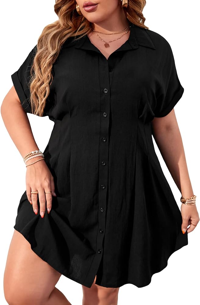 WDIRARA Women's Plus Size Button Down Roll Up Short Sleeve High Waisted Short Shirt Dress