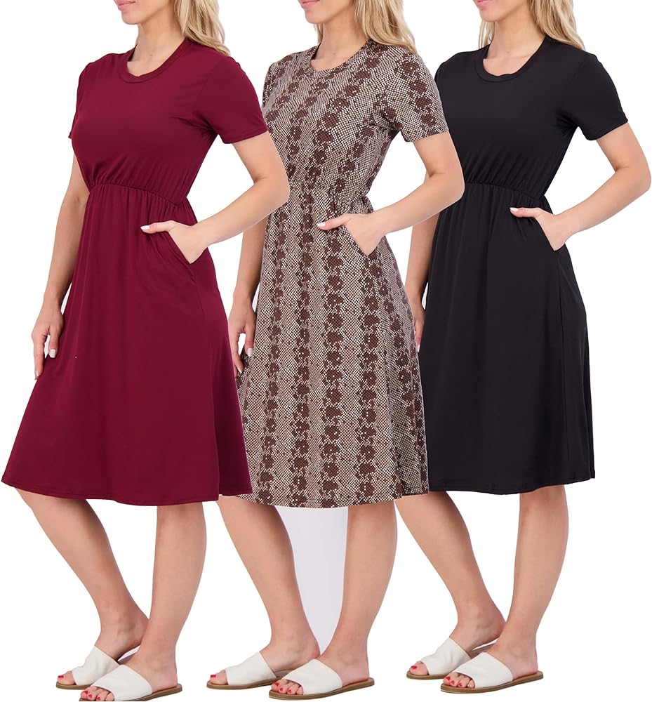 Real Essentials 3-Pack: Women's Midi Short Sleeve Soft T-Shirt Dress with Elastic Waist (Available in Plus Size)