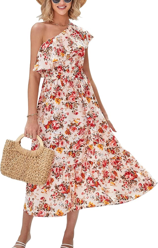 BTFBM Women's One Shoulder Maxi Dress Sleeveless Casual Summer Layered Ruffle Boho Floral Print Party Beach A-Line Dresses