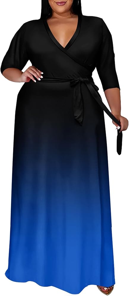 Runwind Plus Size Dresses for Women Floral Maxi Dress Flowy 3/4 Sleeve with Belt