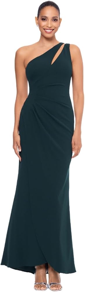 Betsy & Adam Women's Long Sleeveless One Shoulder Side Ruched Scuba Crepe Gown