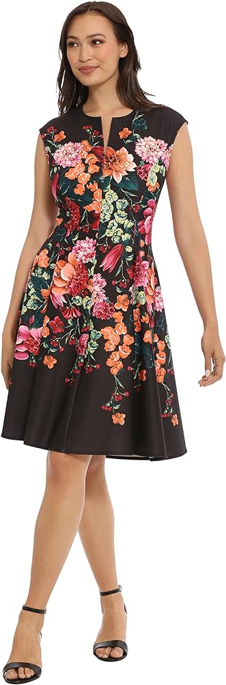 London Times Women's Feminine Floral Split Neck Flattering Fit and Flare Career Guest of Chic Polished