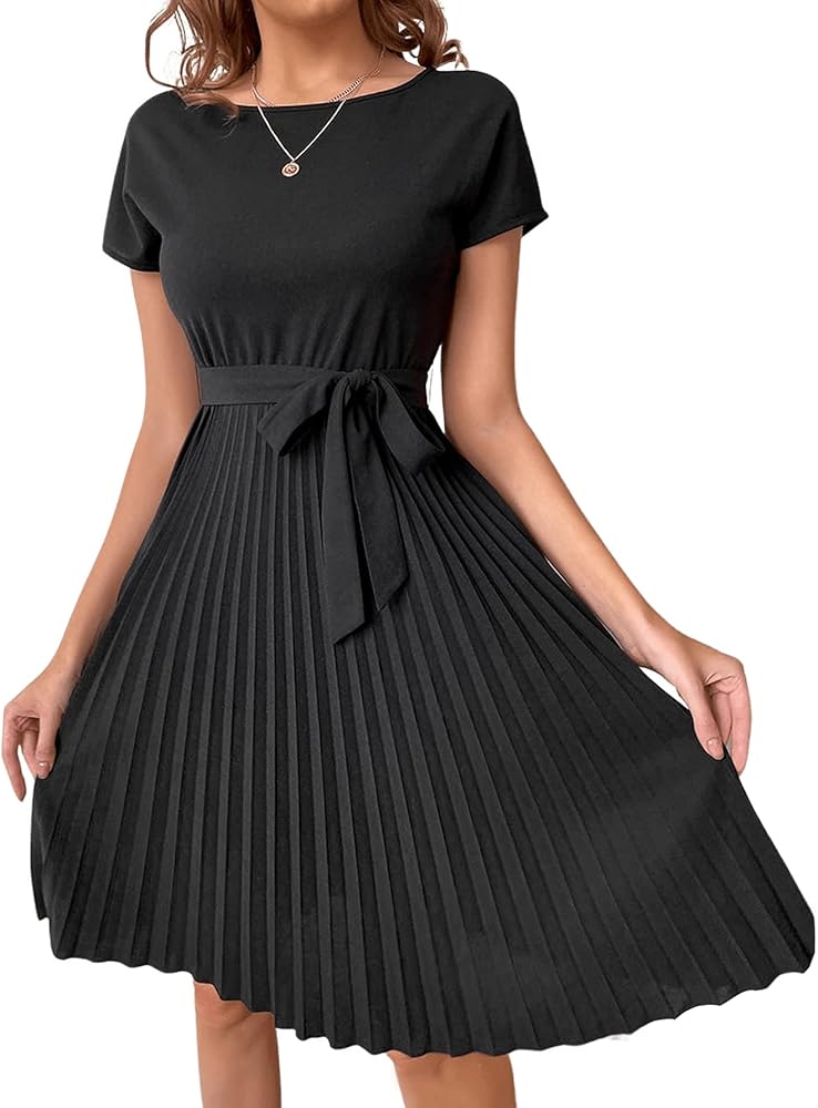 Verdusa Women's Elegant Pleated Short Sleeve High Waist Belted A Line Short Dress