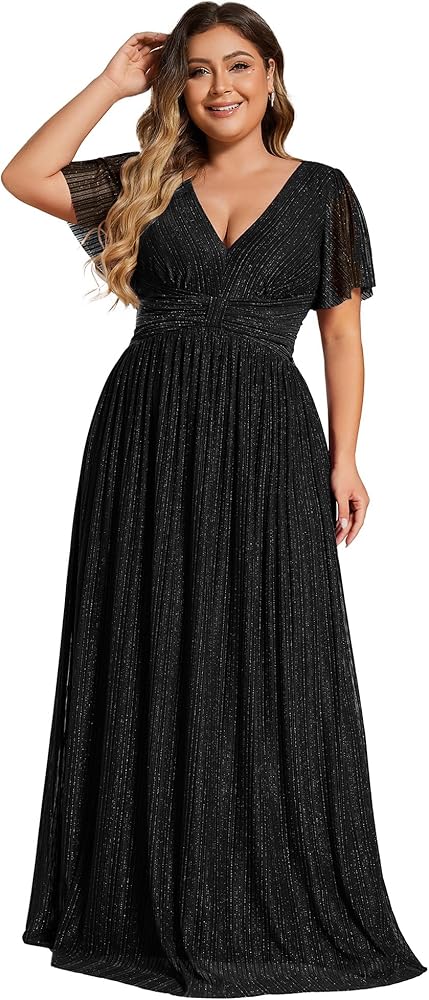 Ever-Pretty Women's A Line V Neck Short Sleeves Pleated Plus Size Maxi Evening Dresses 11961-DA