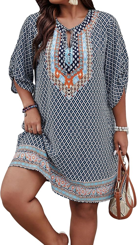 SOLY HUX Women's Plus Size Geo Print Tie Neck Short Dress Summer Boho Tunic Shift Dresses