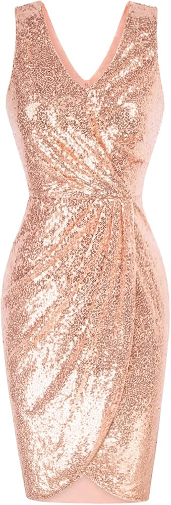 GRACE KARIN Women's Sexy Sequin Sparkly Glitter Party Dress Club Dress Sleeveless V-neck Ruched Cocktail Bodycon Dress