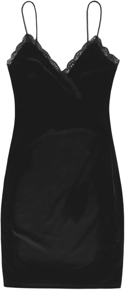 Floerns Women's Spaghetti Strap Velvet Lace Trim Bodycon Cami Mini Dress