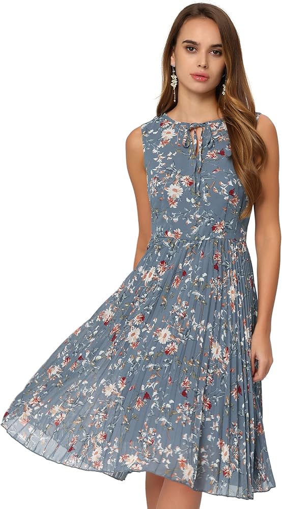 Allegra K Women's Floral Print Summer A-Line below Knee Length Sleeveless Pleated Dress