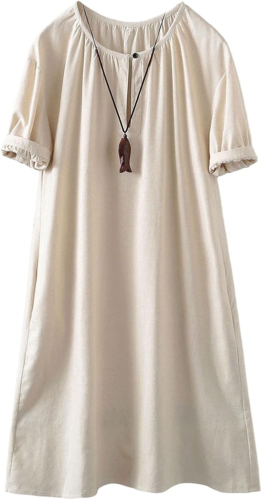 Minibee Women's Cotton Linen Dress Short Sleeve Midi Casual Plus Size Tunic Dress with Pockets