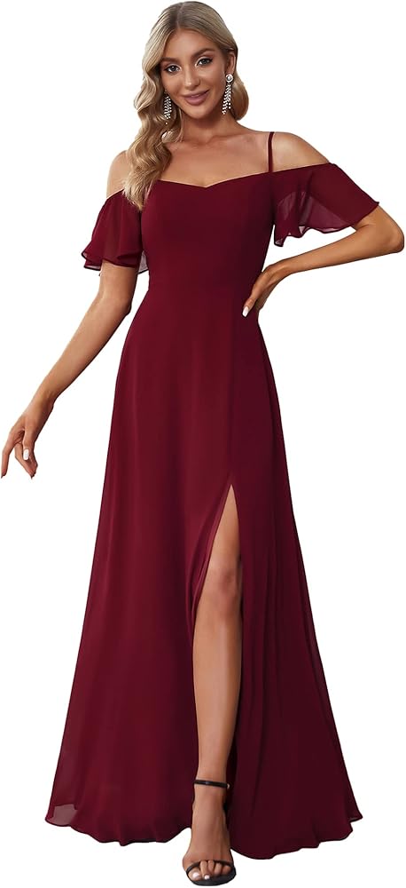 Ever-Pretty Women's Formal Dresses Off Shoulder Short Sleeve Split A-Line Floor Length Bridesmaid Dresses 0237