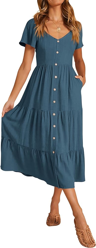 KIRUNDO Women 2024 Spring Summer Casual Linen Short Sleeve Midi Dress Button V Neck Tiered Vacation Sundress with Pockets