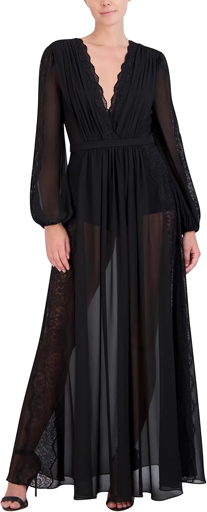 BCBGMAXAZRIA Women's Long Balloon Sleeve Surplice Neck Evening Maxi Dress