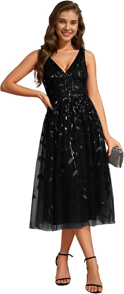 Ever-Pretty Women's A Line V Neck Open Back Sleeveless Ruched Sequin Knee Length Formal Dress 02106