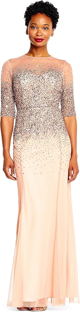 Adrianna Papell Women's 3/4 Sleeve Beaded Illusion Gown with Sweetheart Neckline