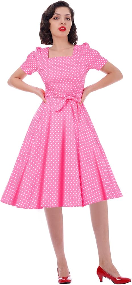 Women Vintage 50s 1950s Dress Square Neck A-line Polka Dot Rockabilly Swing Evening Party Cocktail Dresses