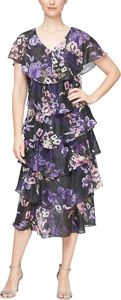 S.L. Fashions Women's Midi Length V-Neck Ruffle Tiered Wedding Guest Dress