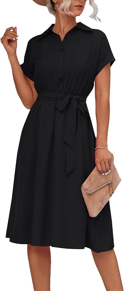 Vrtige Women's Collar Neck Button Down Tie Waist Short Sleeve A Line Midi Shirt Dress