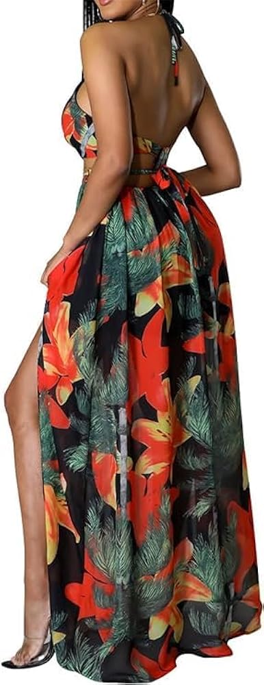 Floral Print Chain Decor Split Thigh Tie Back Cami Dress, Summer Dresses, Ring Linked Halter Backless Maxi Dress for Beach