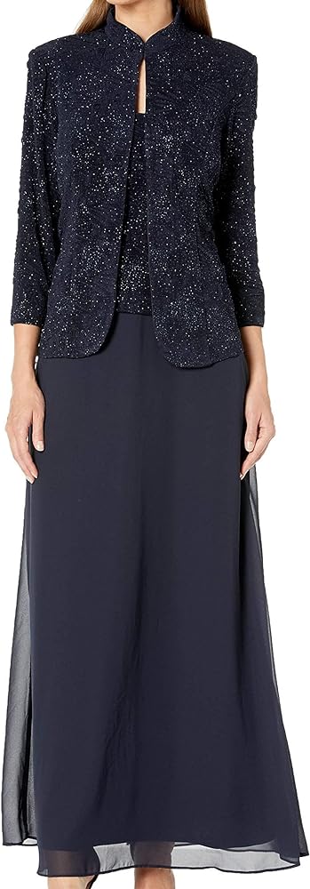 Alex Evenings Women's Long Dress with Mandarin Neckline Jacket (Regular Petite Plus)