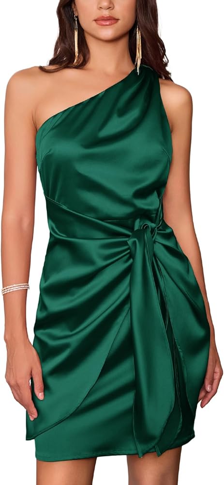 GRACE KARIN Women Satin Dress Cocktail One Shoulder Sleeveless Bodycon Tie Waist Party Mini Dresses